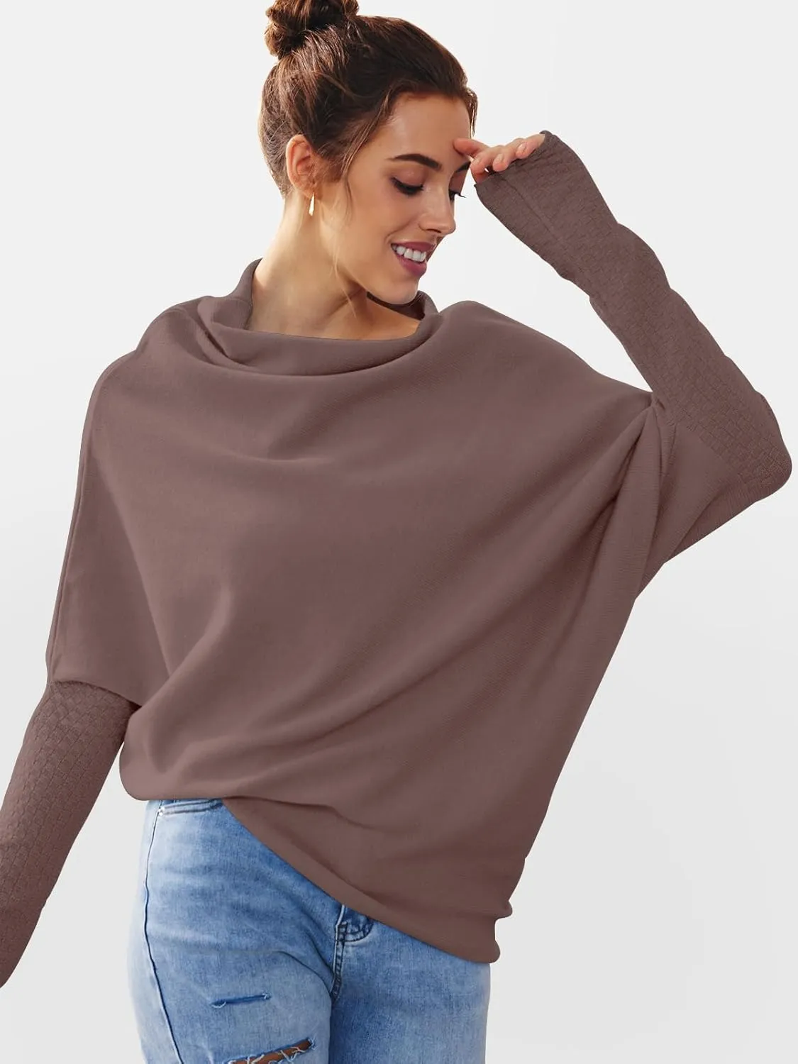 LILLUSORY Womens Batwing Oversized Sweaters Assymetrical Off The Shoulder Boat Neck Wrap Tunic Tops Fall Fashion Cloth Outfit