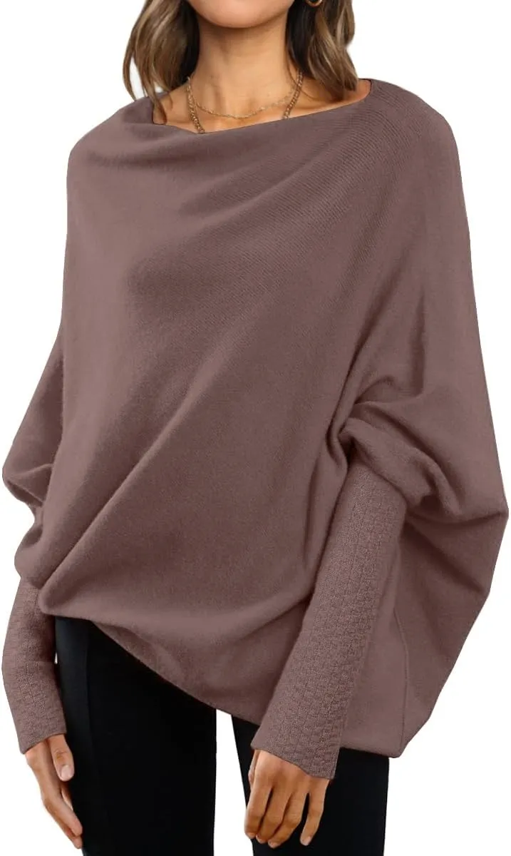 LILLUSORY Womens Batwing Oversized Sweaters Assymetrical Off The Shoulder Boat Neck Wrap Tunic Tops Fall Fashion Cloth Outfit