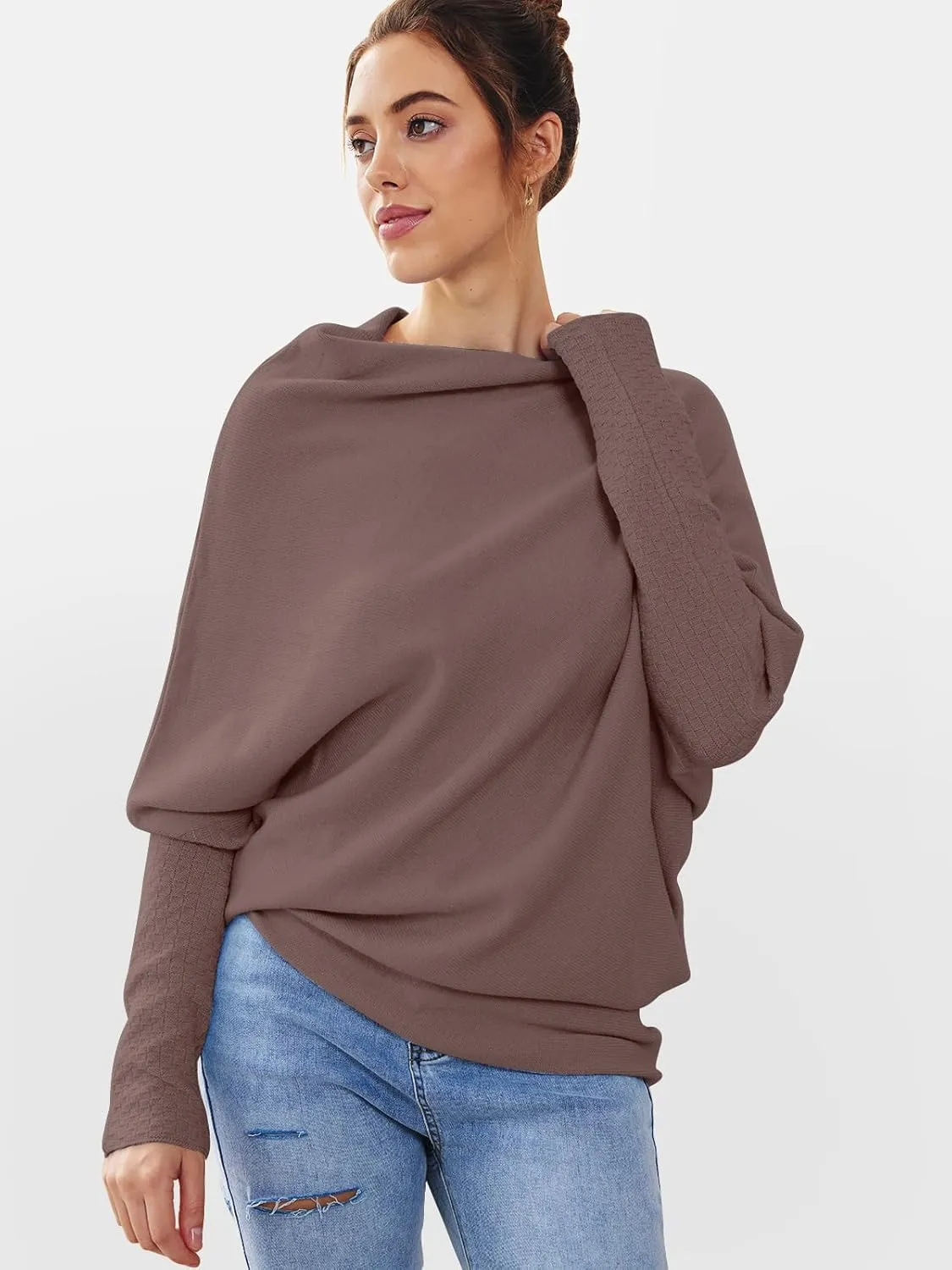LILLUSORY Womens Batwing Oversized Sweaters Assymetrical Off The Shoulder Boat Neck Wrap Tunic Tops Fall Fashion Cloth Outfit