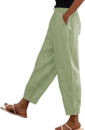 Linen Pants for Women 2025 Summer Casual Elastic High Waisted Lounge Pant Lightweight Straight Leg Pocketed Trousers