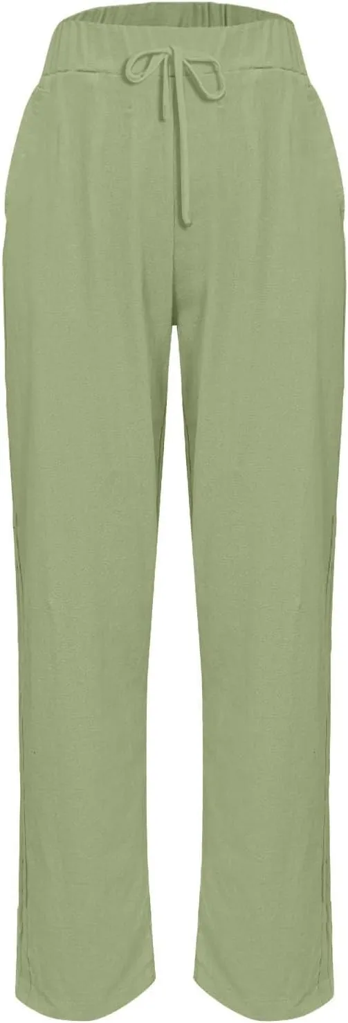 Linen Pants for Women 2025 Summer Casual Elastic High Waisted Lounge Pant Lightweight Straight Leg Pocketed Trousers