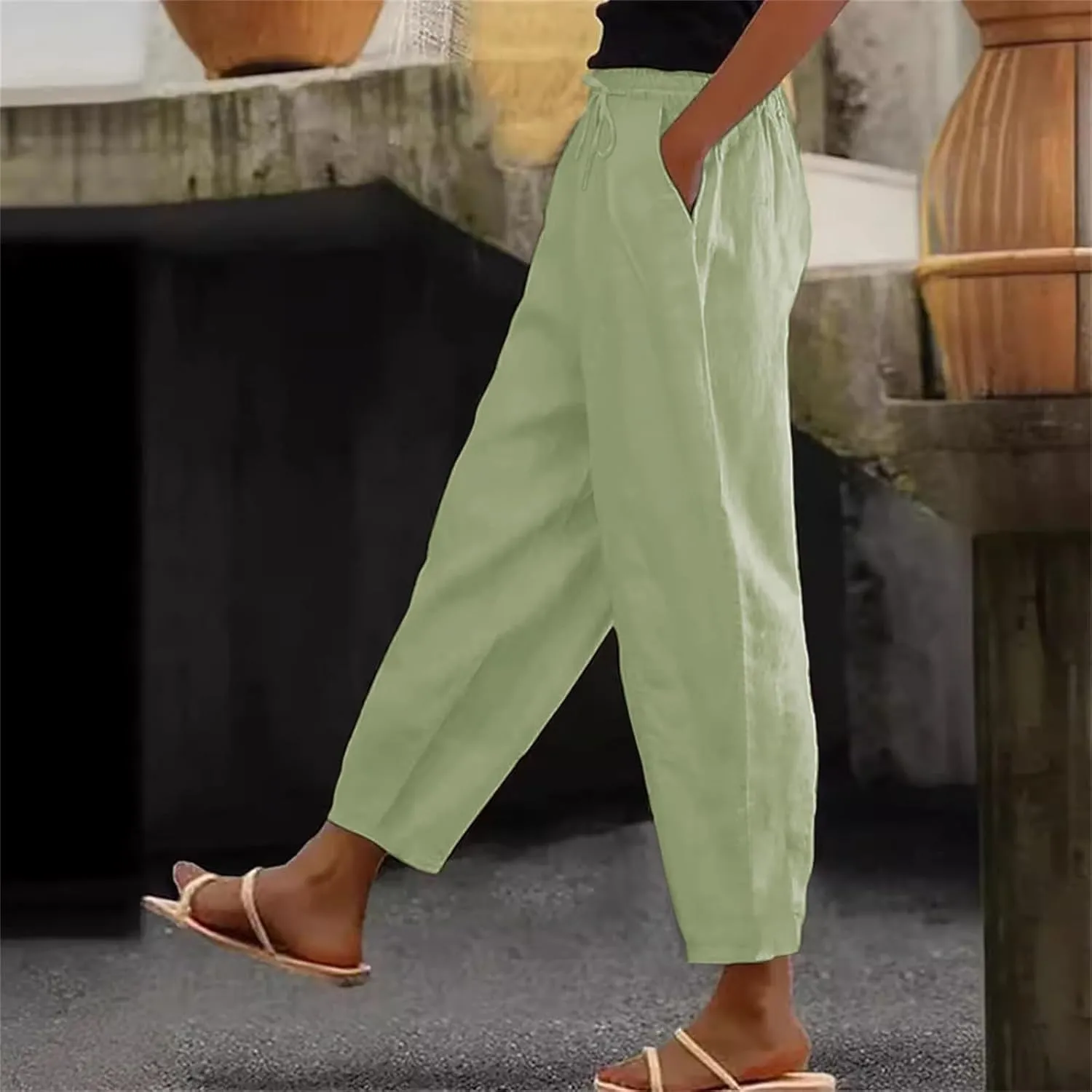 Linen Pants for Women 2025 Summer Casual Elastic High Waisted Lounge Pant Lightweight Straight Leg Pocketed Trousers
