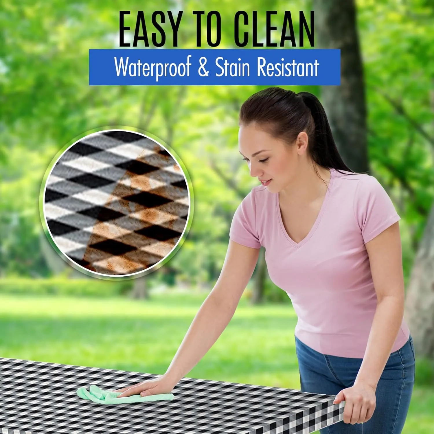 LINPRO Premium Picnic Table Cover with Bench Covers Vinyl Fitted Elastic RV Camping Accessories and Camper Must Haves Waterproof (Black Gingham, 72 x 30 (6ft)