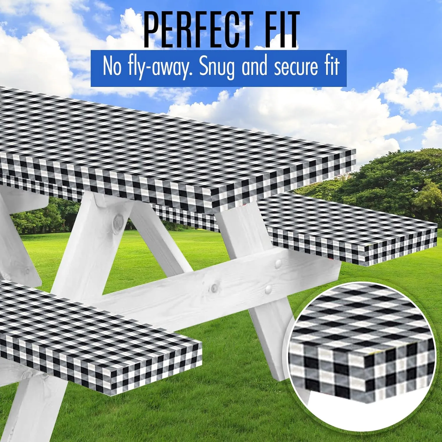 LINPRO Premium Picnic Table Cover with Bench Covers Vinyl Fitted Elastic RV Camping Accessories and Camper Must Haves Waterproof (Black Gingham, 72 x 30 (6ft)