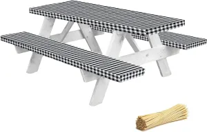 LINPRO Premium Picnic Table Cover with Bench Covers Vinyl Fitted Elastic RV Camping Accessories and Camper Must Haves Waterproof (Black Gingham, 72 x 30 (6ft)
