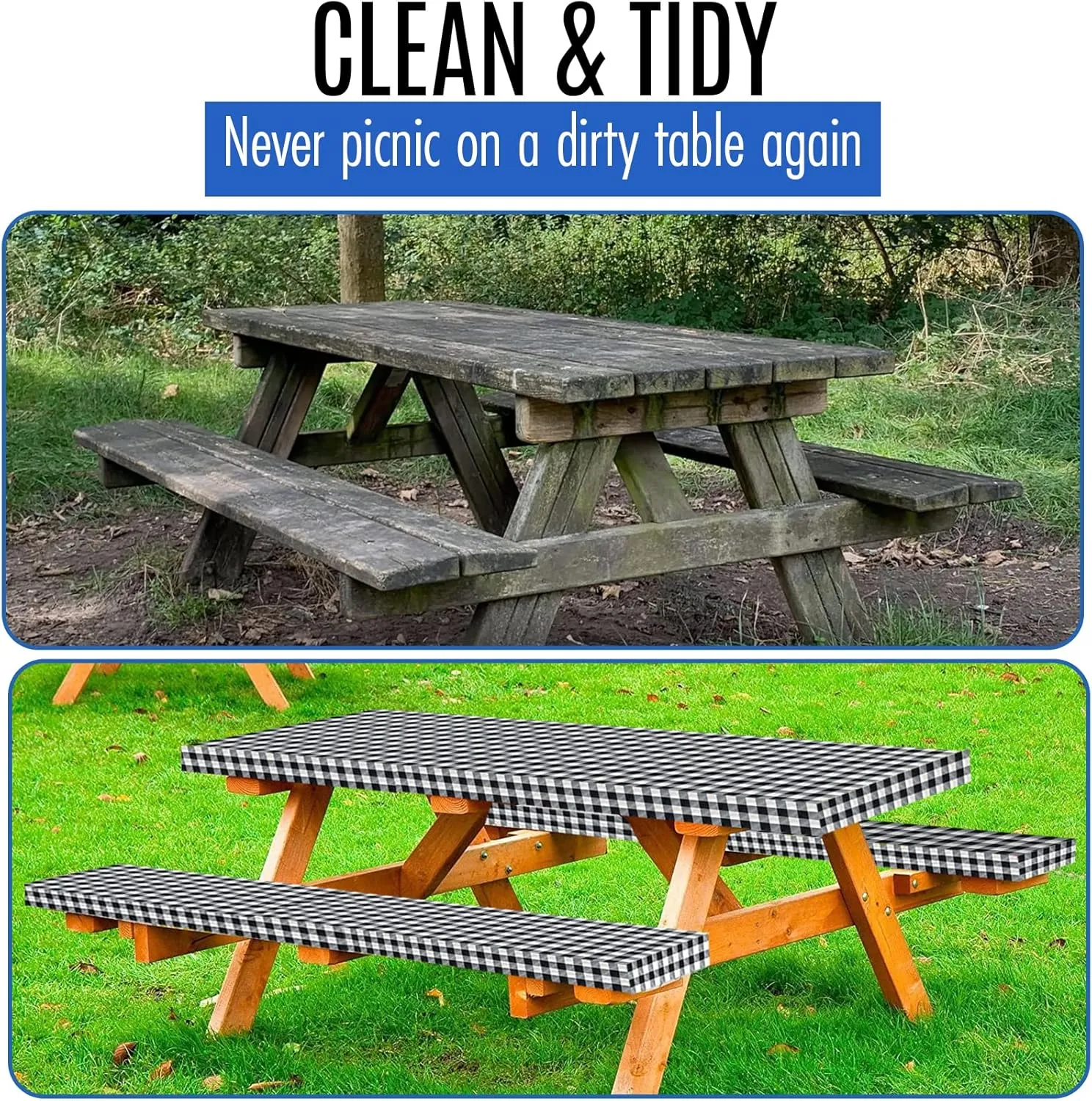 LINPRO Premium Picnic Table Cover with Bench Covers Vinyl Fitted Elastic RV Camping Accessories and Camper Must Haves Waterproof (Black Gingham, 72 x 30 (6ft)