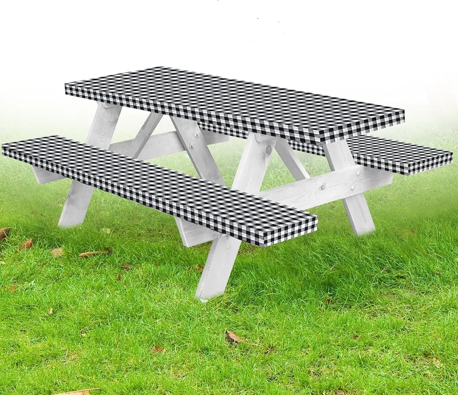 LINPRO Premium Picnic Table Cover with Bench Covers Vinyl Fitted Elastic RV Camping Accessories and Camper Must Haves Waterproof (Black Gingham, 72 x 30 (6ft)