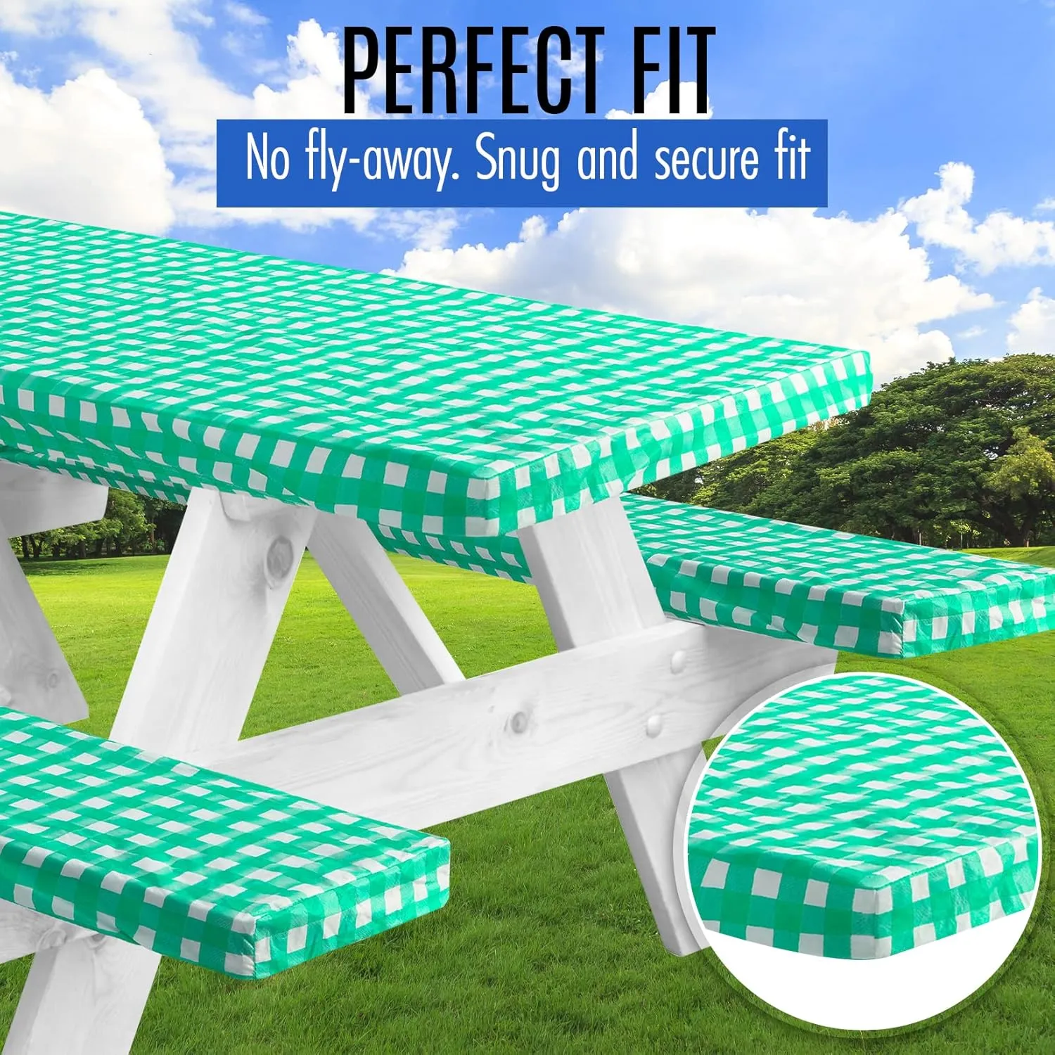 LINPRO Premium Picnic Table Cover with Bench Covers Vinyl Fitted Picnic Table Covers with Elastic RV Camping Accessories and Camper Must Haves Waterproof (Green Gingham, 72 x 30 (6ft))
