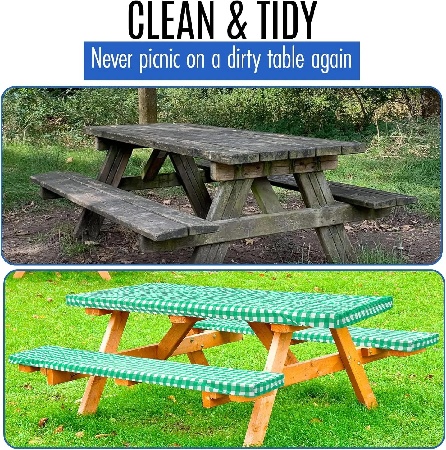 LINPRO Premium Picnic Table Cover with Bench Covers Vinyl Fitted Picnic Table Covers with Elastic RV Camping Accessories and Camper Must Haves Waterproof (Green Gingham, 72 x 30 (6ft))