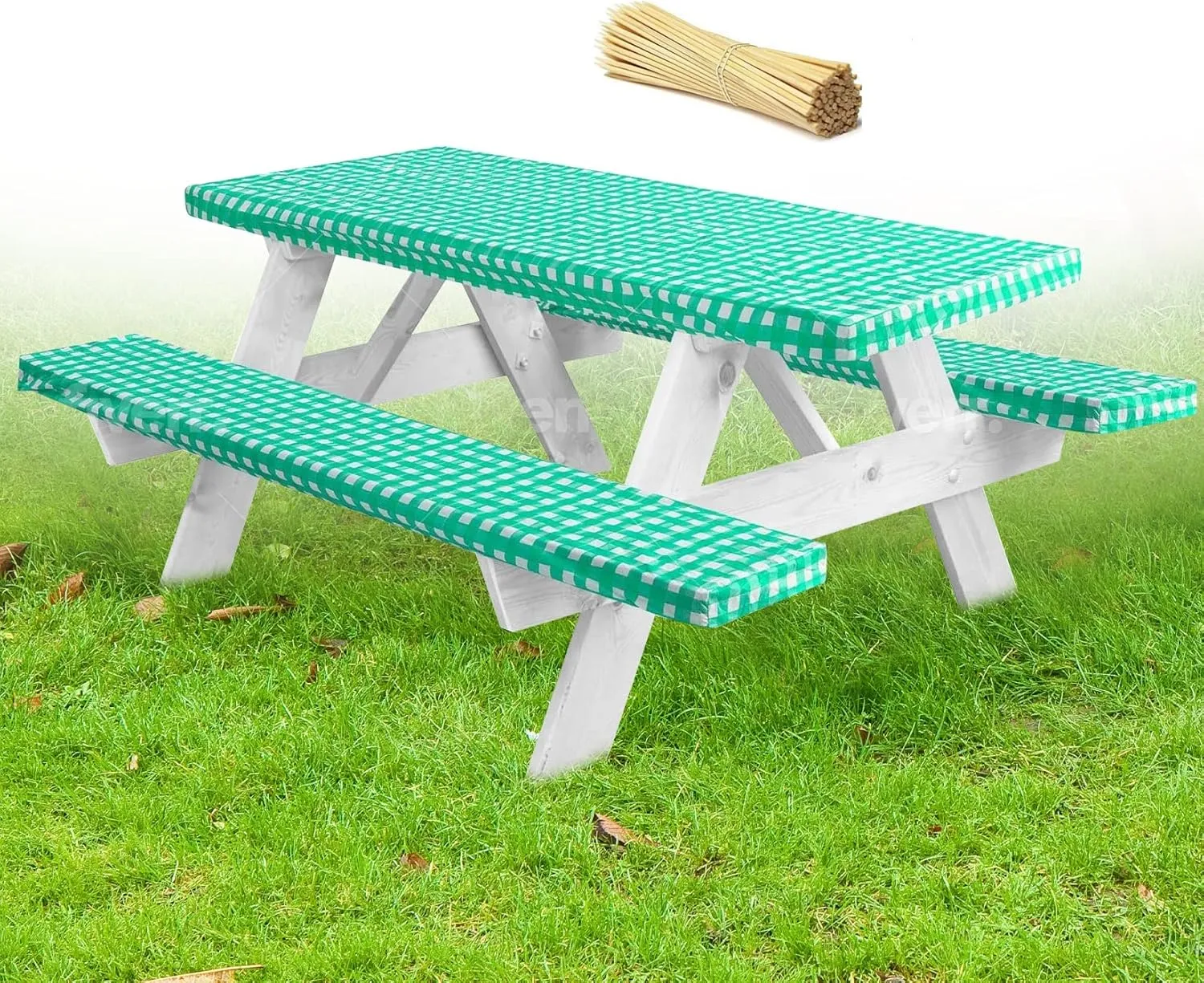 LINPRO Premium Picnic Table Cover with Bench Covers Vinyl Fitted Picnic Table Covers with Elastic RV Camping Accessories and Camper Must Haves Waterproof (Green Gingham, 72 x 30 (6ft))