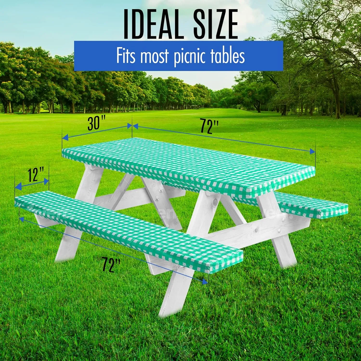 LINPRO Premium Picnic Table Cover with Bench Covers Vinyl Fitted Picnic Table Covers with Elastic RV Camping Accessories and Camper Must Haves Waterproof (Green Gingham, 72 x 30 (6ft))