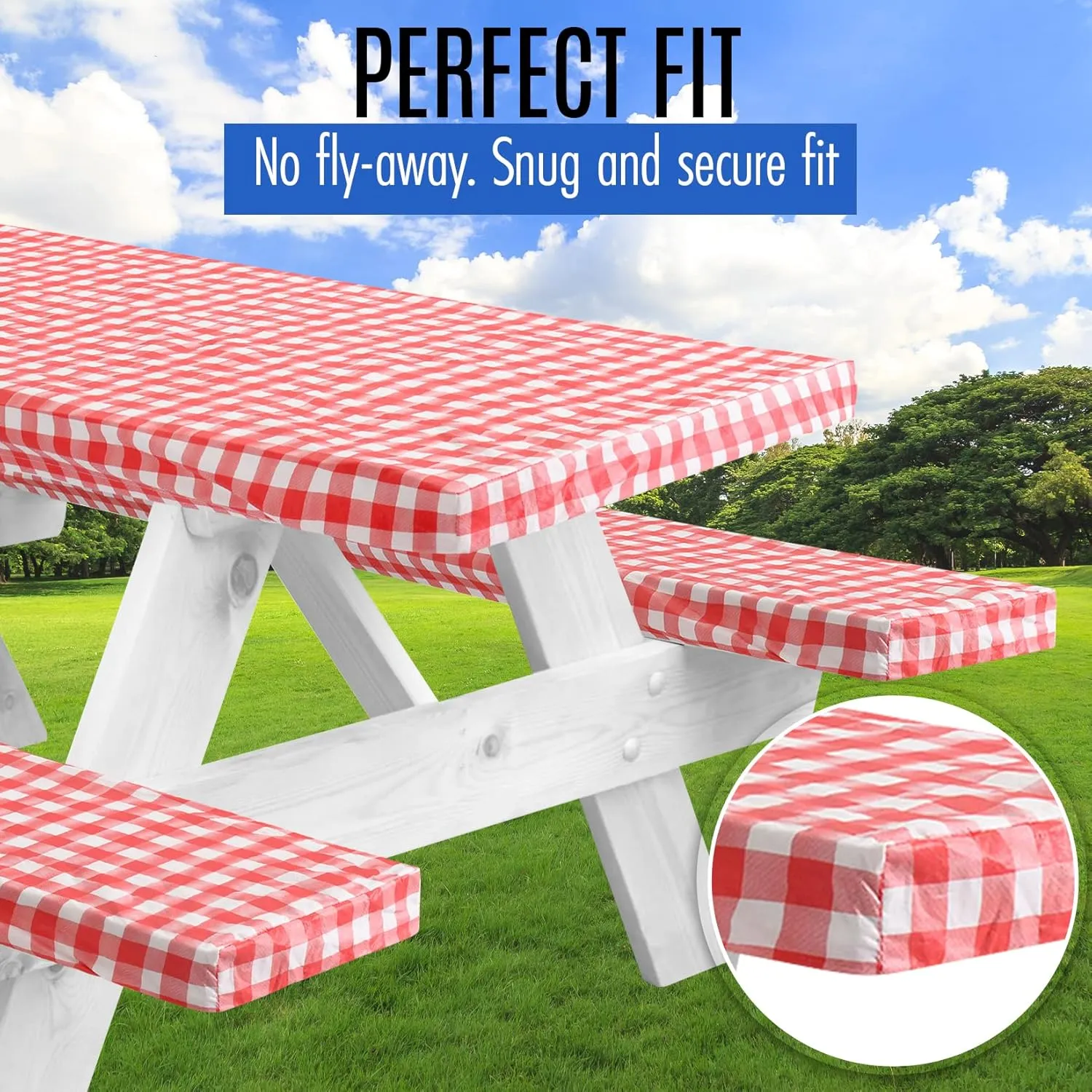 LINPRO Premium Picnic Table Cover with Bench Covers Vinyl Fitted Picnic Table Covers with Elastic RV Camping Accessories and Camper Must Haves Waterproof (Red Gingham, 72 x 30 (6ft)