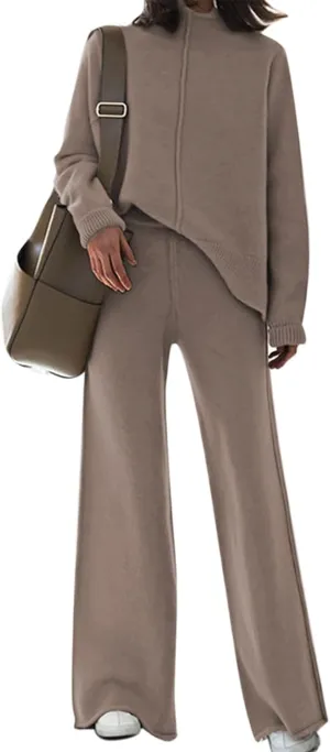 Linsery Women 2 Piece Sweater Sets High Neck Knitted Pullover Wide Leg Casual Sweatsuit
