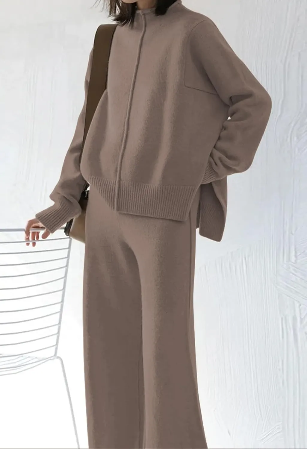 Linsery Women 2 Piece Sweater Sets High Neck Knitted Pullover Wide Leg Casual Sweatsuit