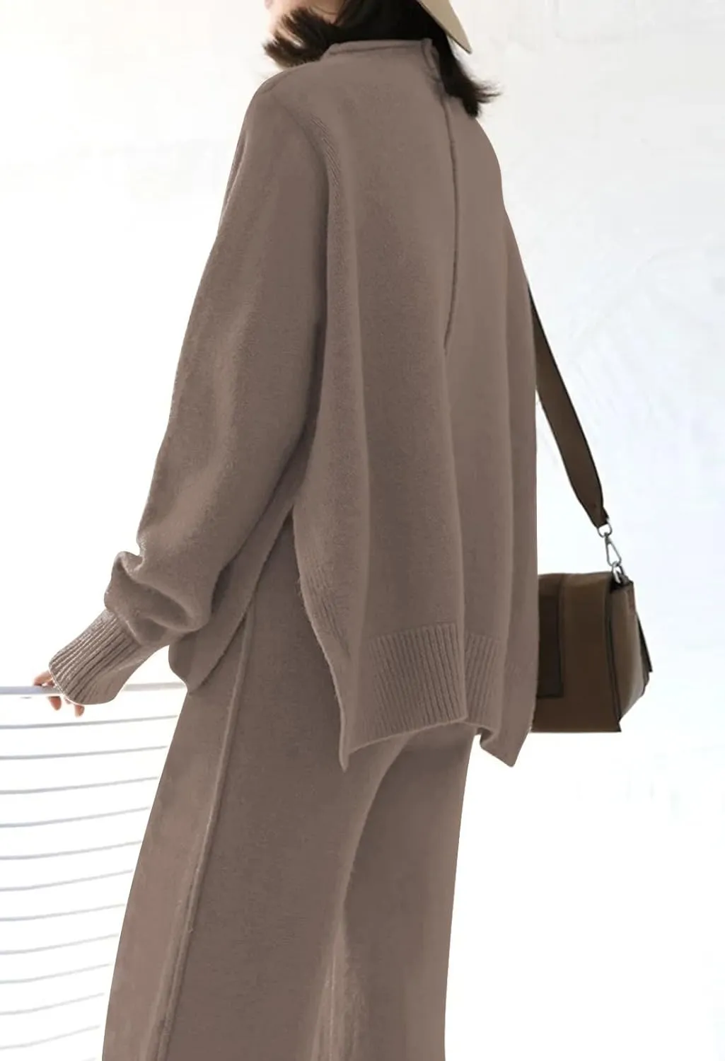 Linsery Women 2 Piece Sweater Sets High Neck Knitted Pullover Wide Leg Casual Sweatsuit