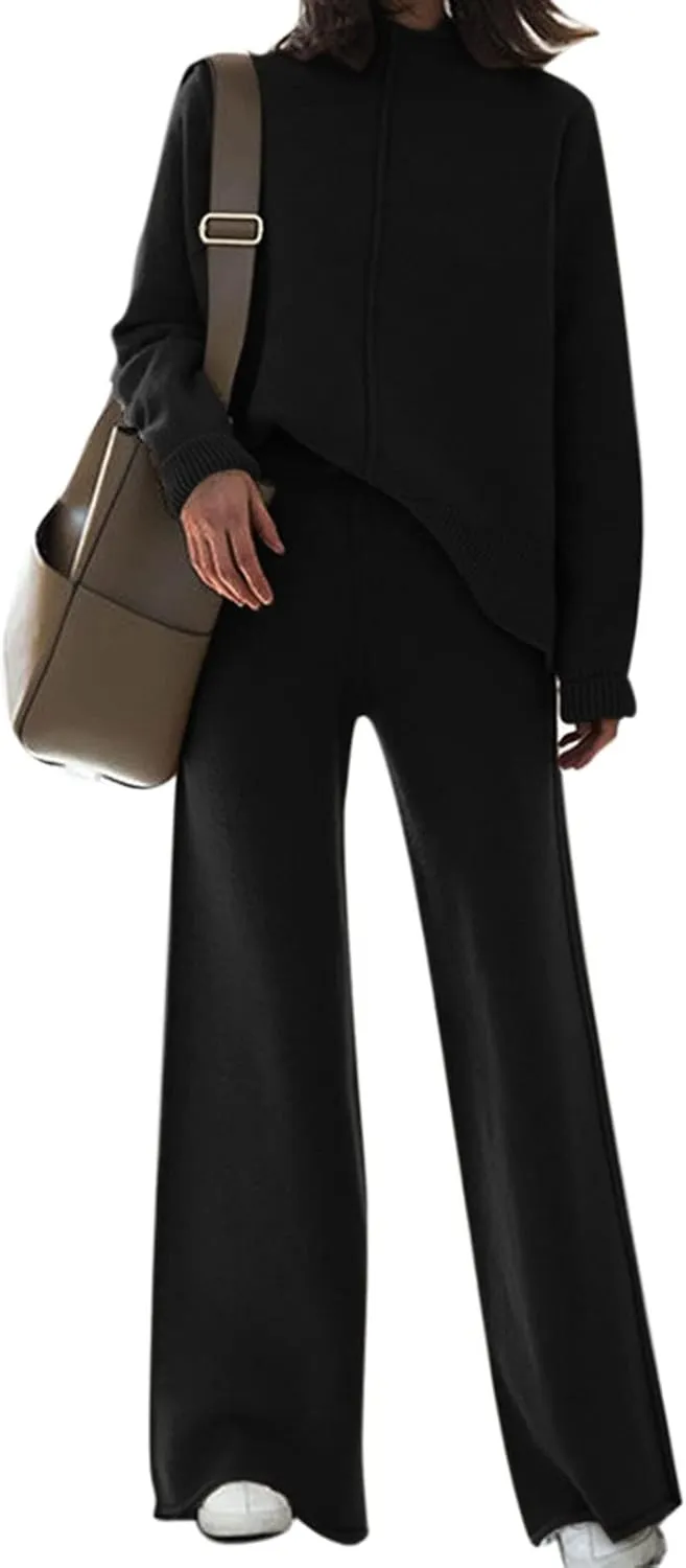 Linsery Women 2 Piece Sweater Sets High Neck Knitted Pullover Wide Leg Casual Sweatsuit
