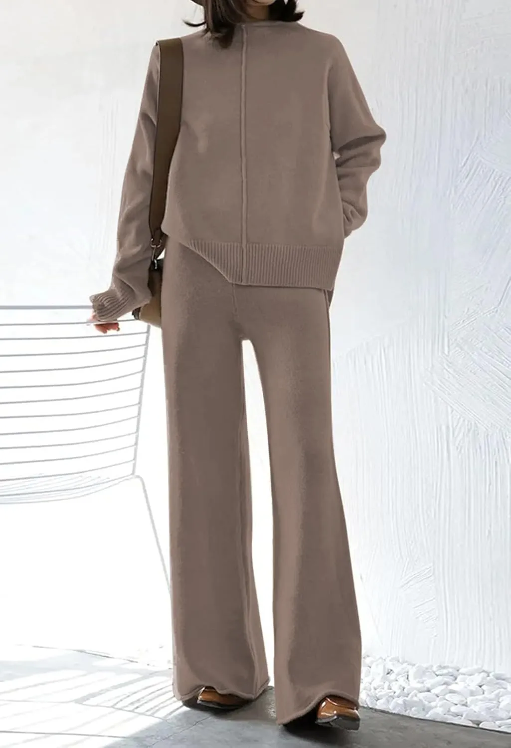 Linsery Women 2 Piece Sweater Sets High Neck Knitted Pullover Wide Leg Casual Sweatsuit