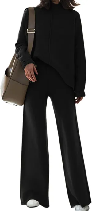 Linsery Women 2 Piece Sweater Sets High Neck Knitted Pullover Wide Leg Casual Sweatsuit