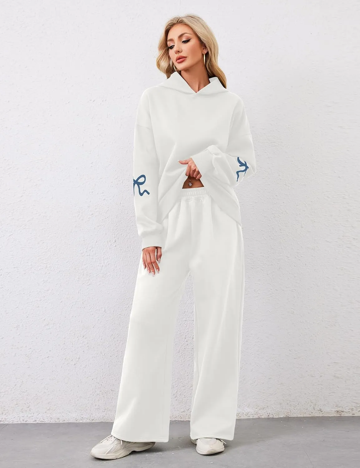 Livtany Women's 2 Piece Outfits Bow Trim Print Hoodie Sweatsuit Sets Oversized Sweatshirt Wide Leg Sweatpants With Pockets