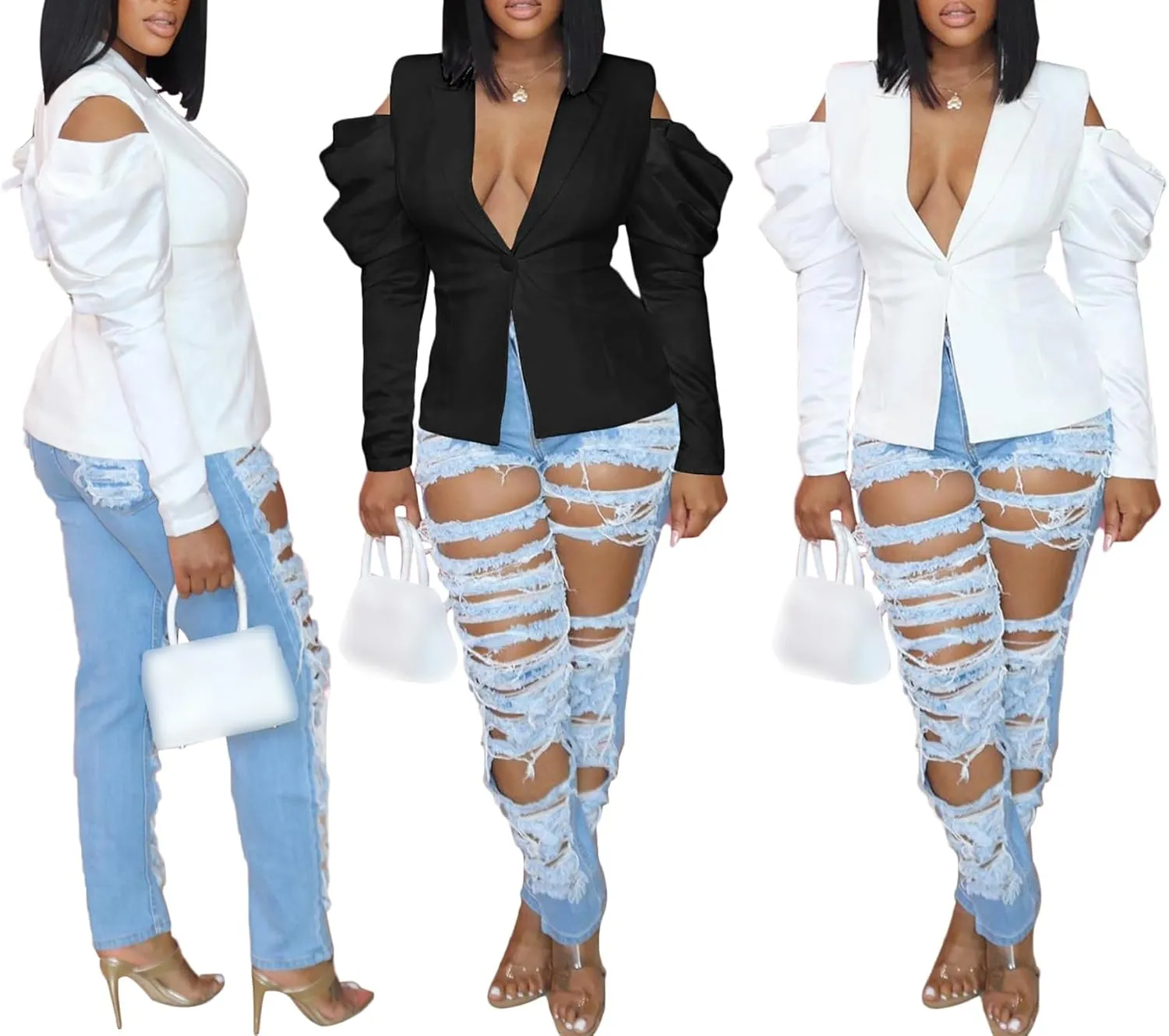 LKOUS Women's Fall Sexy Blazers,Puff Long Sleeve Lapel Open Front Work Office Suit Jacket