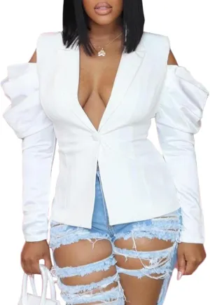 LKOUS Women's Fall Sexy Blazers,Puff Long Sleeve Lapel Open Front Work Office Suit Jacket