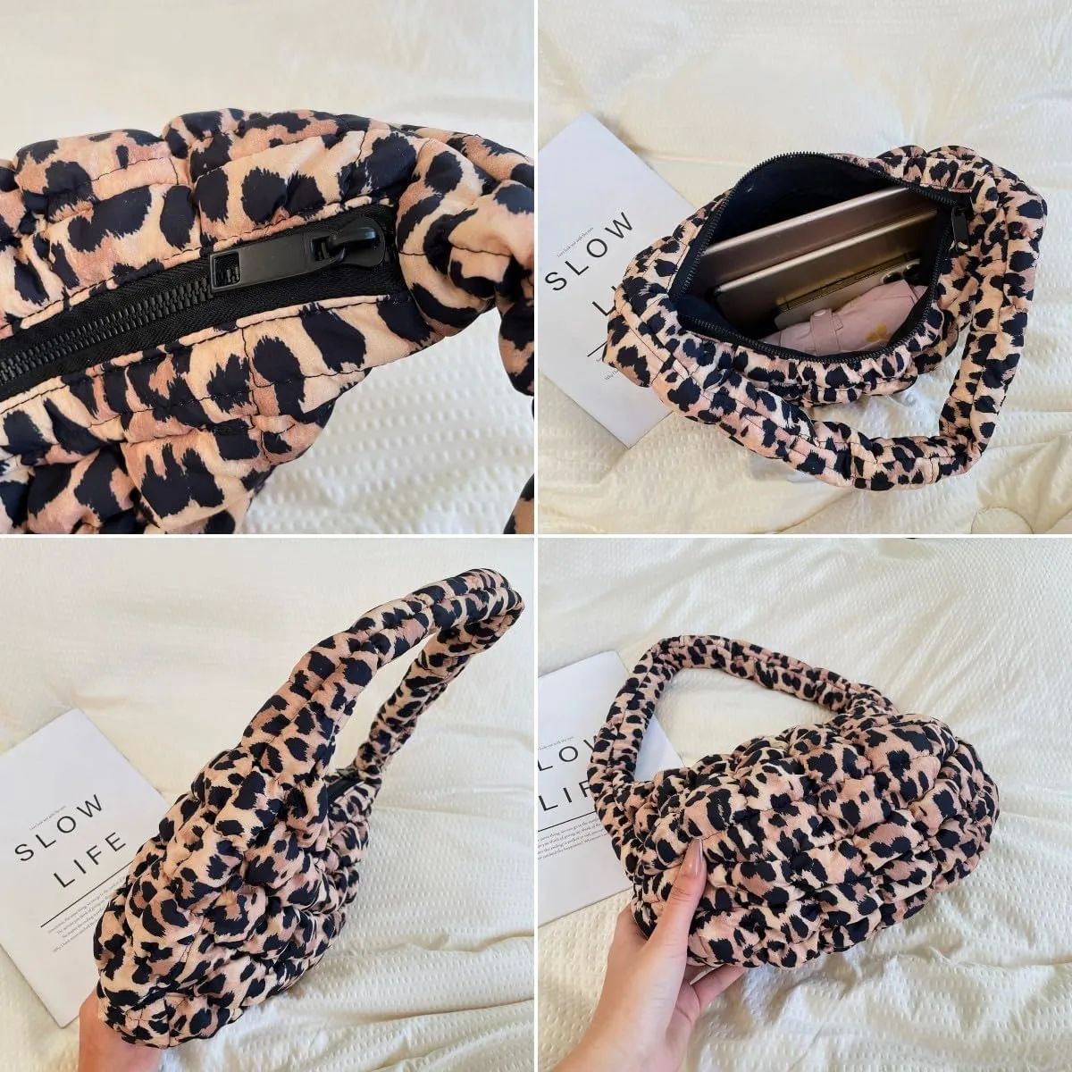 Lmbabter Leopard Tote Bag for Women Stylish Quilted Tote Handbag Lightweight Puffer Hobo Bag Padding Carryall Daypack (Grey)