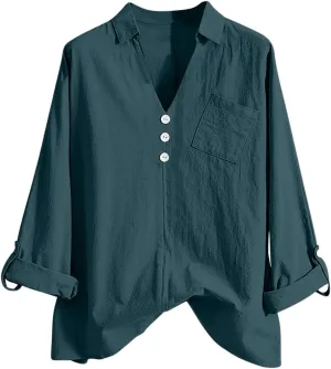 Long Sleeve Workout Tops for Women Cotton Linen V-Neck Button Baggy Blouse Solid Color Loose Fit Clothes Trendy 2024