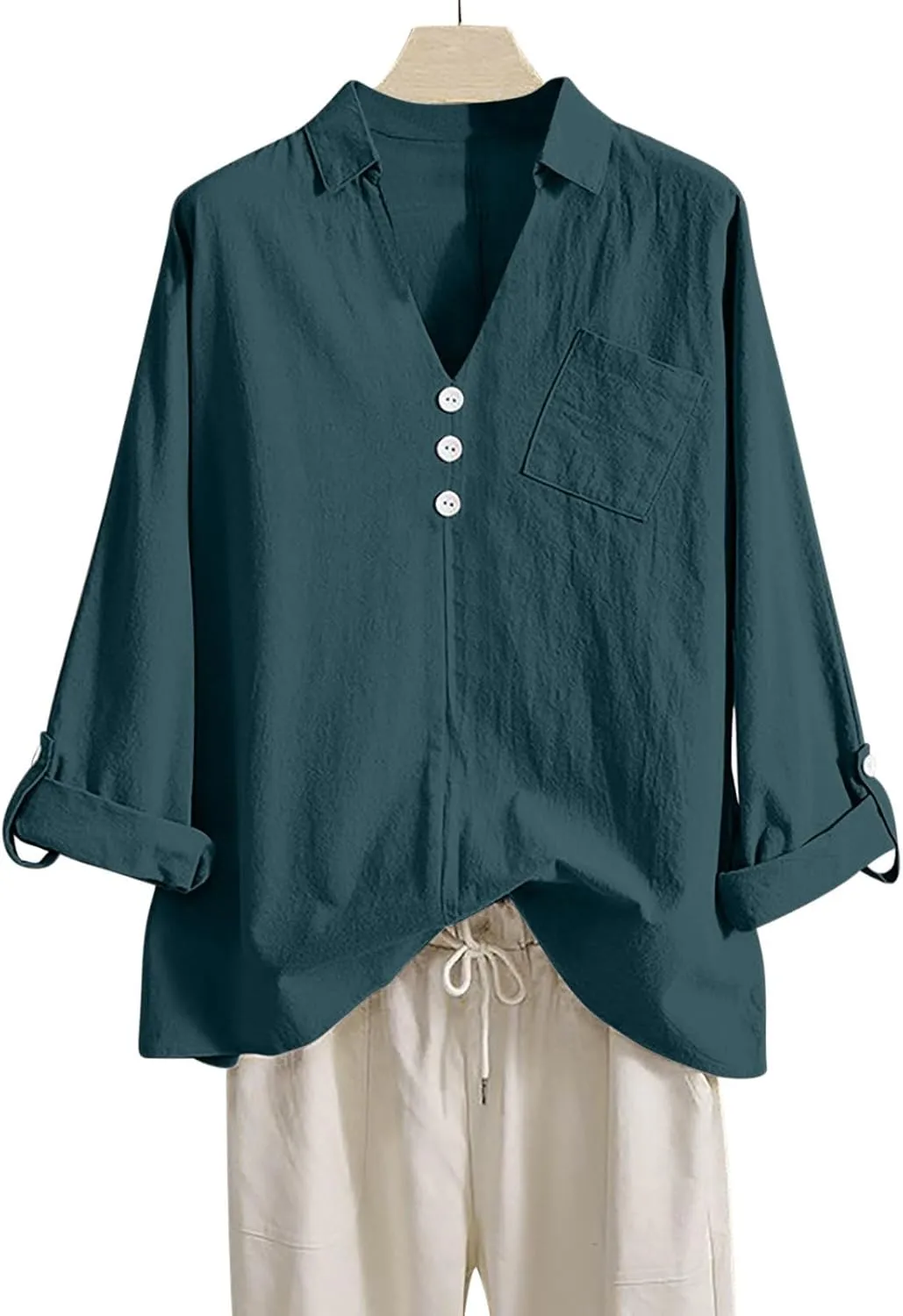 Long Sleeve Workout Tops for Women Cotton Linen V-Neck Button Baggy Blouse Solid Color Loose Fit Clothes Trendy 2024