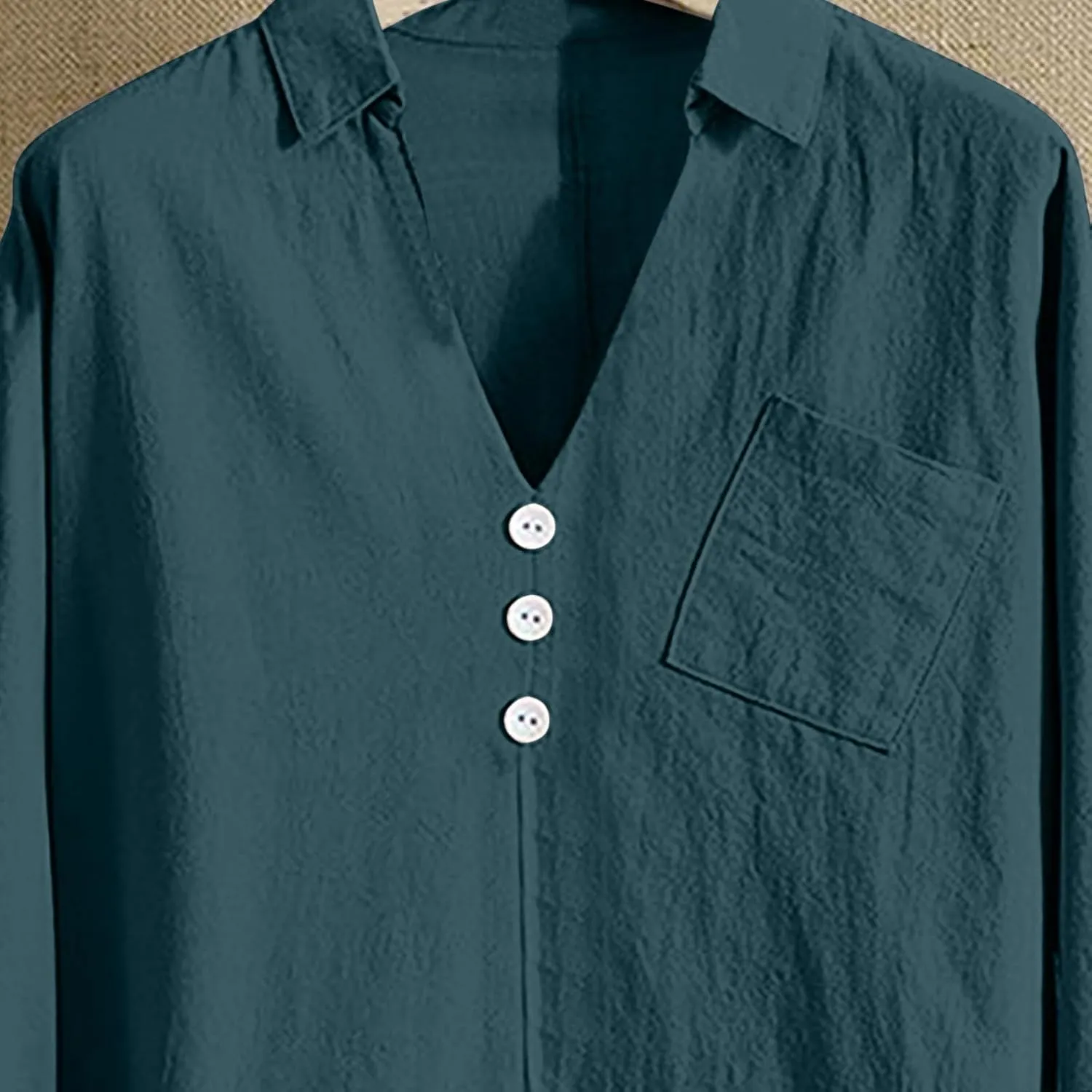 Long Sleeve Workout Tops for Women Cotton Linen V-Neck Button Baggy Blouse Solid Color Loose Fit Clothes Trendy 2024