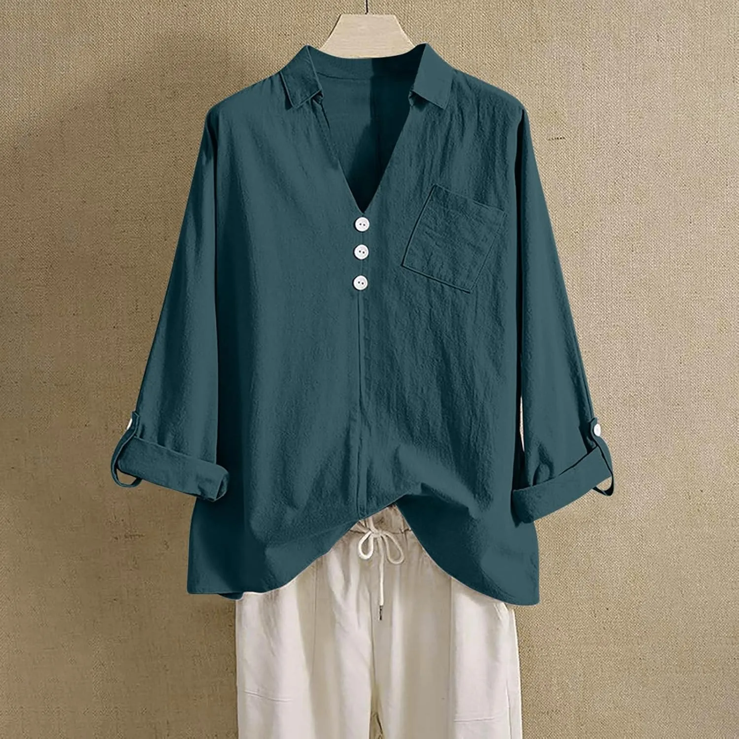 Long Sleeve Workout Tops for Women Cotton Linen V-Neck Button Baggy Blouse Solid Color Loose Fit Clothes Trendy 2024