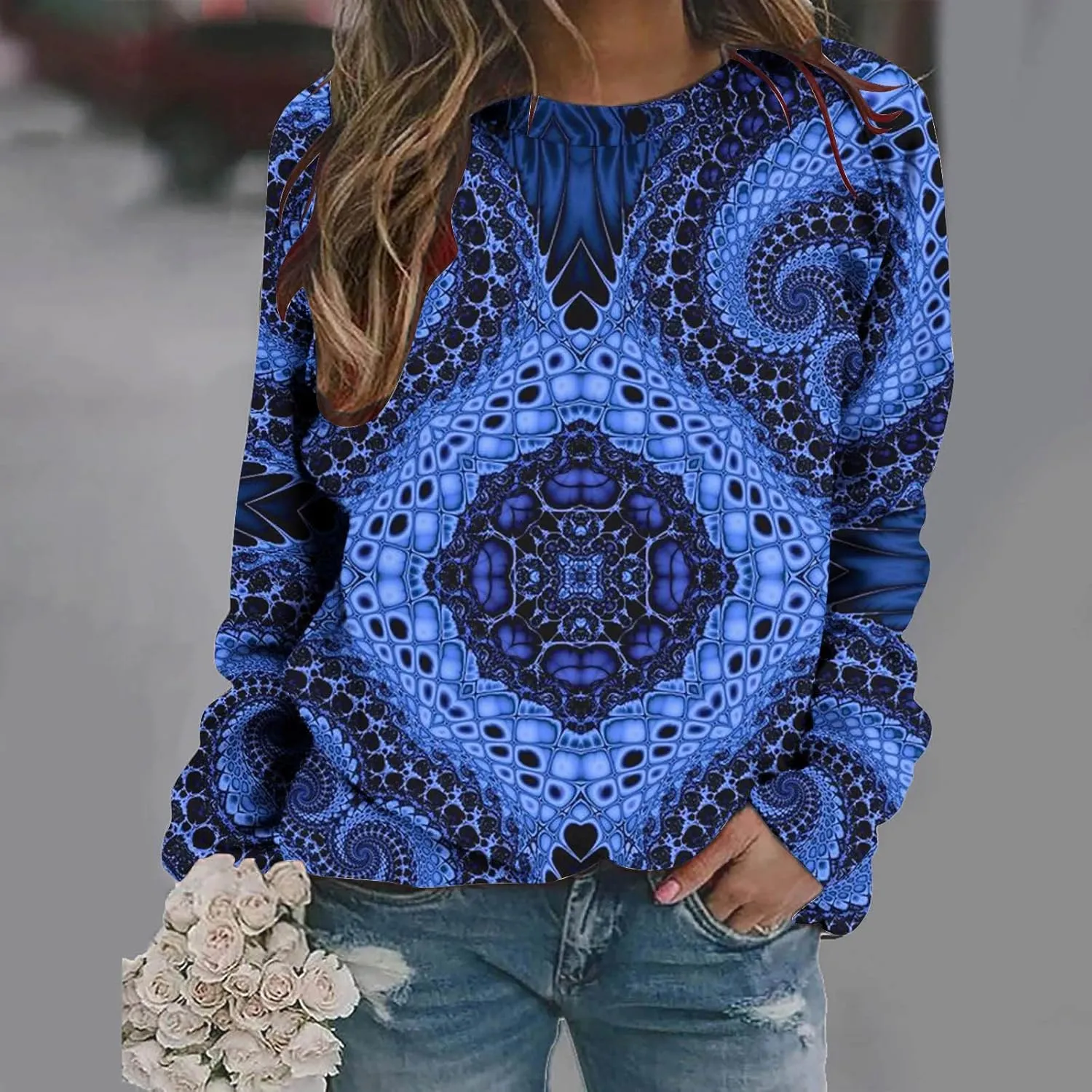 Loose Fitting Long Sleeve Tops for Women Aztec Ethnic Print Graphic Tee Shirts Casual Dressy Crewneck Sweatshirts