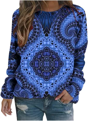 Loose Fitting Long Sleeve Tops for Women Aztec Ethnic Print Graphic Tee Shirts Casual Dressy Crewneck Sweatshirts