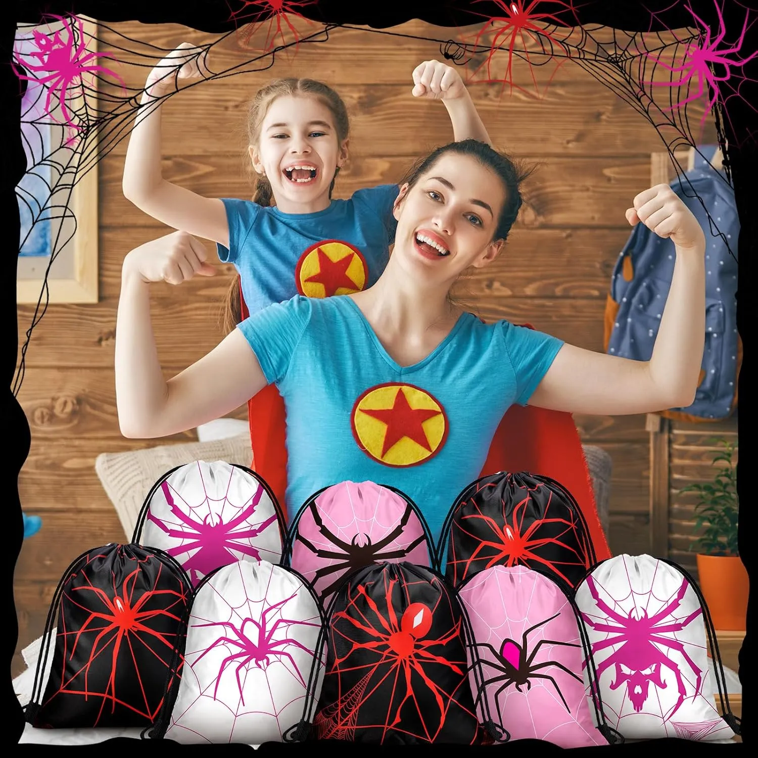 Lothee 30 Pcs Spider Birthday Decorations Pink White Black Spider Web Goodie Bags Party Favors Gift Candy Treat Drawstring Backpack, 11. 8 Inch