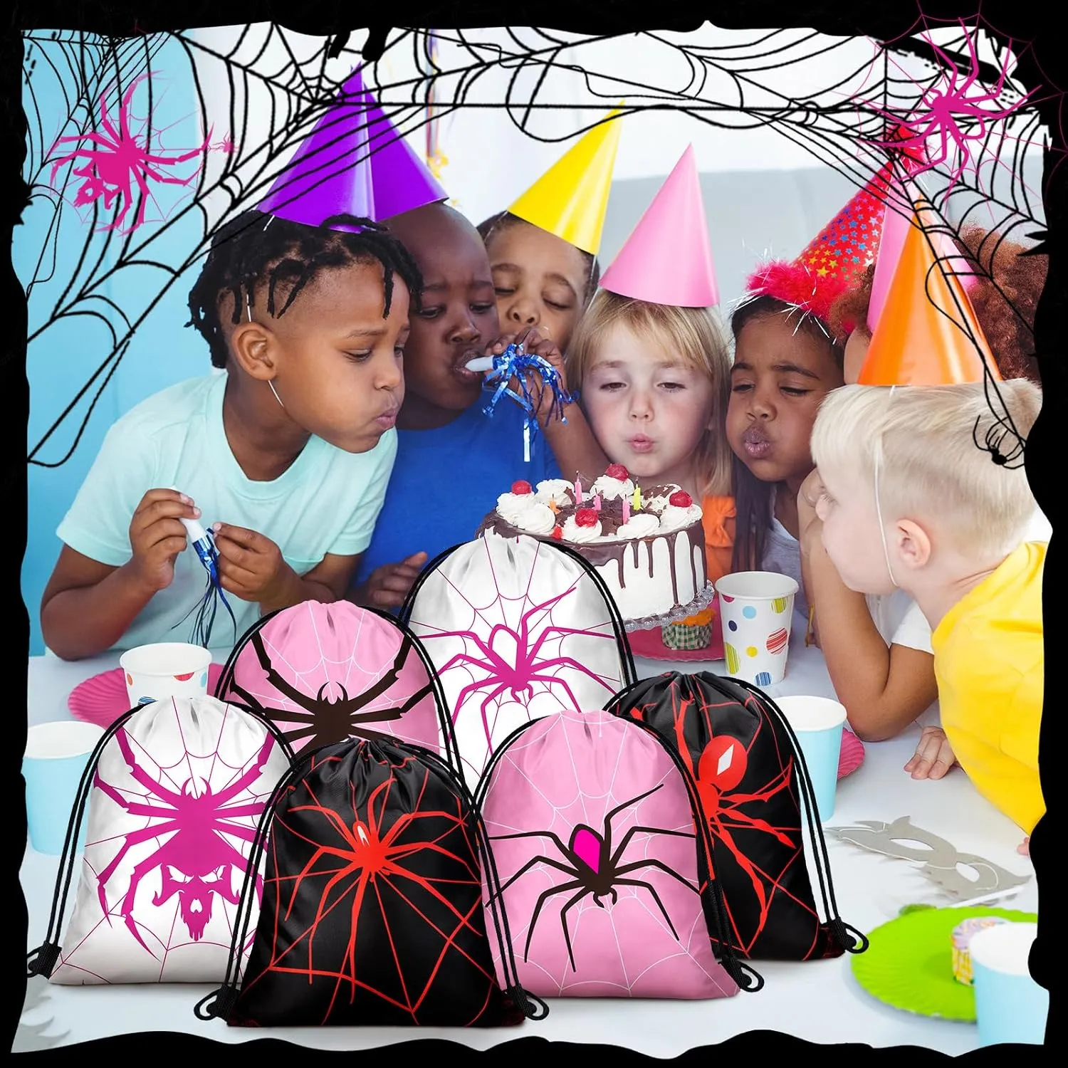 Lothee 30 Pcs Spider Birthday Decorations Pink White Black Spider Web Goodie Bags Party Favors Gift Candy Treat Drawstring Backpack, 11. 8 Inch