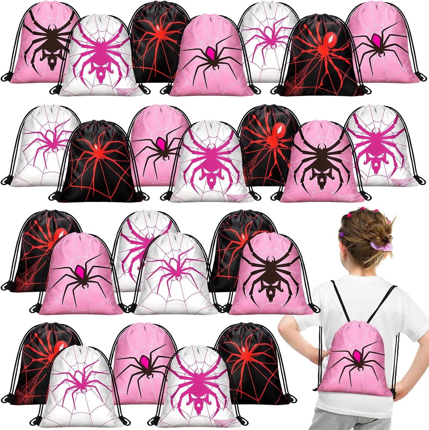 Lothee 30 Pcs Spider Birthday Decorations Pink White Black Spider Web Goodie Bags Party Favors Gift Candy Treat Drawstring Backpack, 11. 8 Inch
