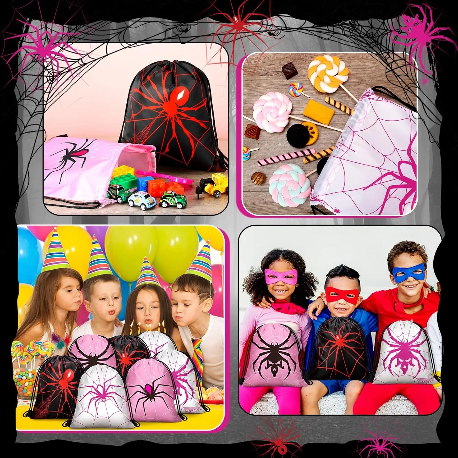 Lothee 30 Pcs Spider Birthday Decorations Pink White Black Spider Web Goodie Bags Party Favors Gift Candy Treat Drawstring Backpack, 11. 8 Inch