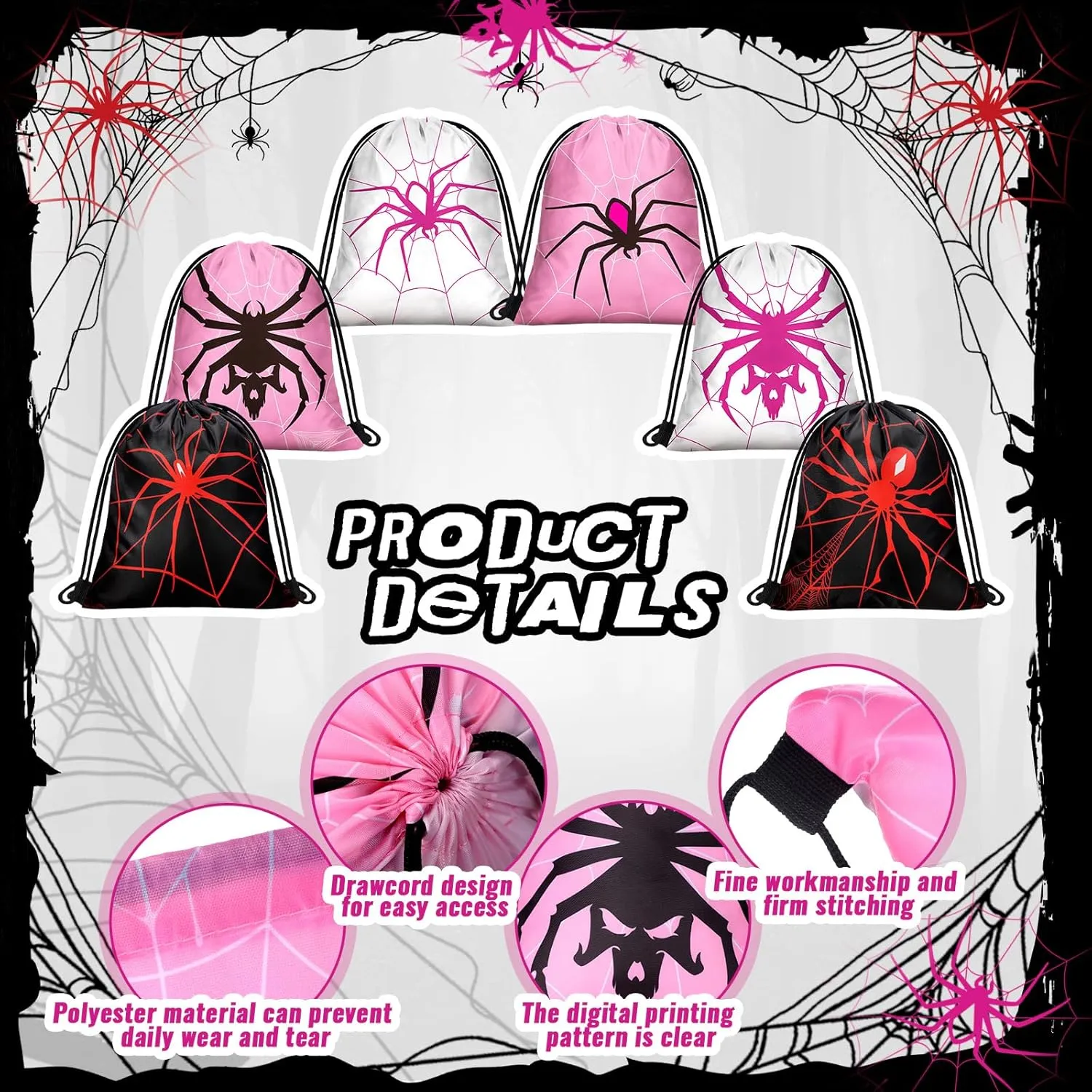 Lothee 30 Pcs Spider Birthday Decorations Pink White Black Spider Web Goodie Bags Party Favors Gift Candy Treat Drawstring Backpack, 11. 8 Inch