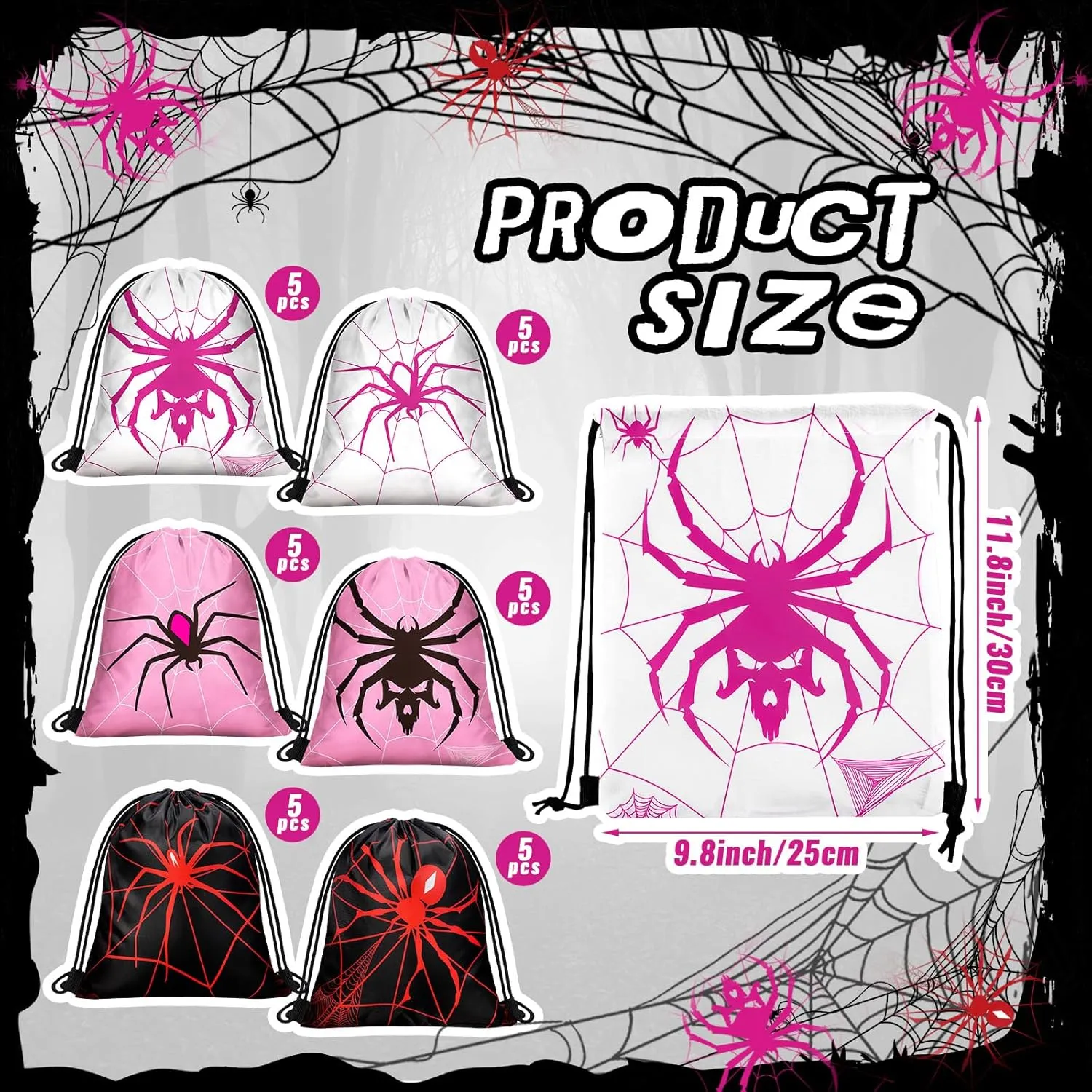 Lothee 30 Pcs Spider Birthday Decorations Pink White Black Spider Web Goodie Bags Party Favors Gift Candy Treat Drawstring Backpack, 11. 8 Inch
