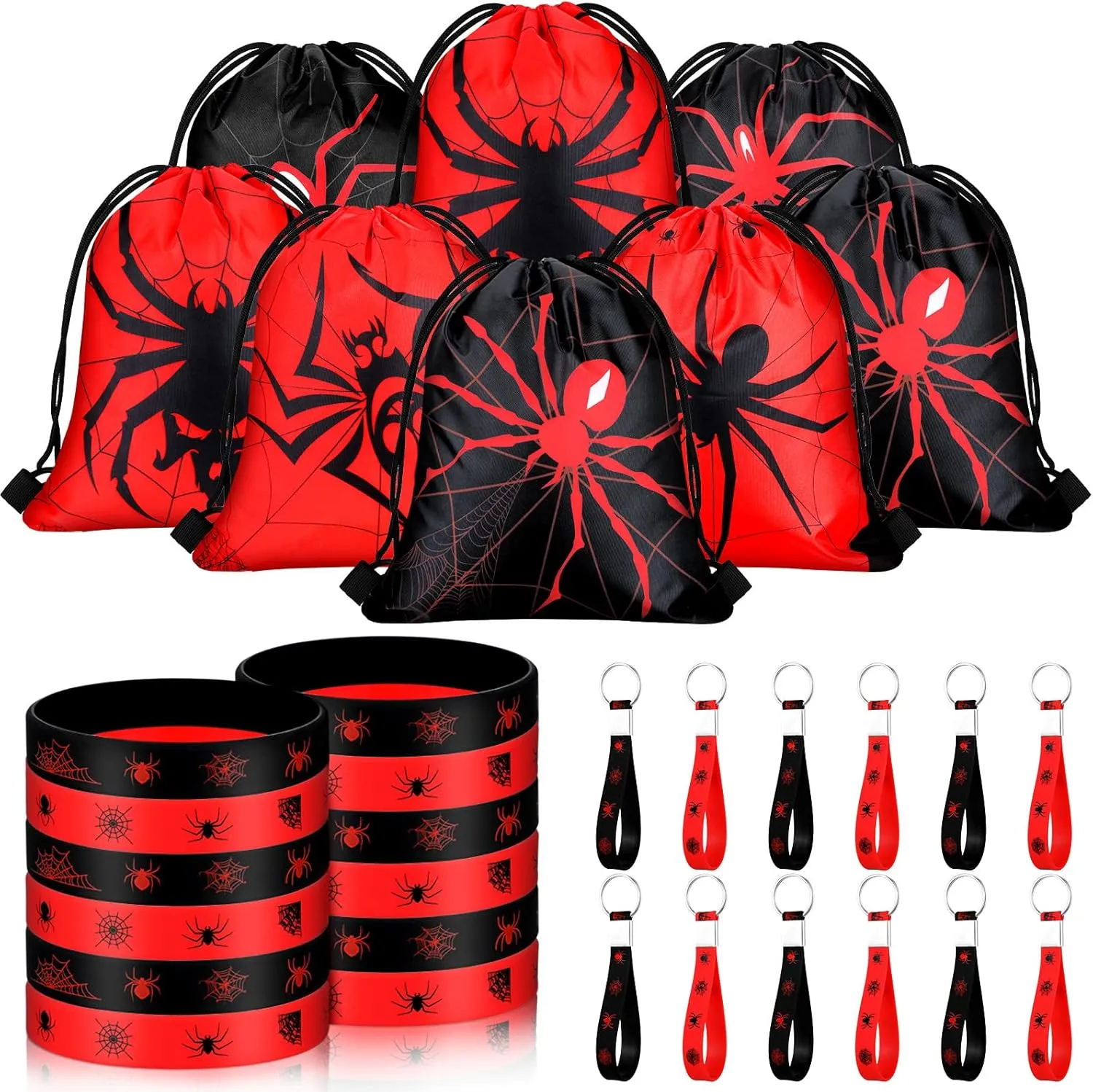 Lothee 32 Pieces Spiderweb Birthday Party Decoration Set Spiderweb Drawstring Bags Funny Travel Sack Backpack Rubber Bracelets Wristlet Keychain for Birthday Party Supplies Favors(Novel Style)