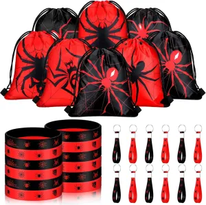 Lothee 32 Pieces Spiderweb Birthday Party Decoration Set Spiderweb Drawstring Bags Funny Travel Sack Backpack Rubber Bracelets Wristlet Keychain for Birthday Party Supplies Favors(Novel Style)