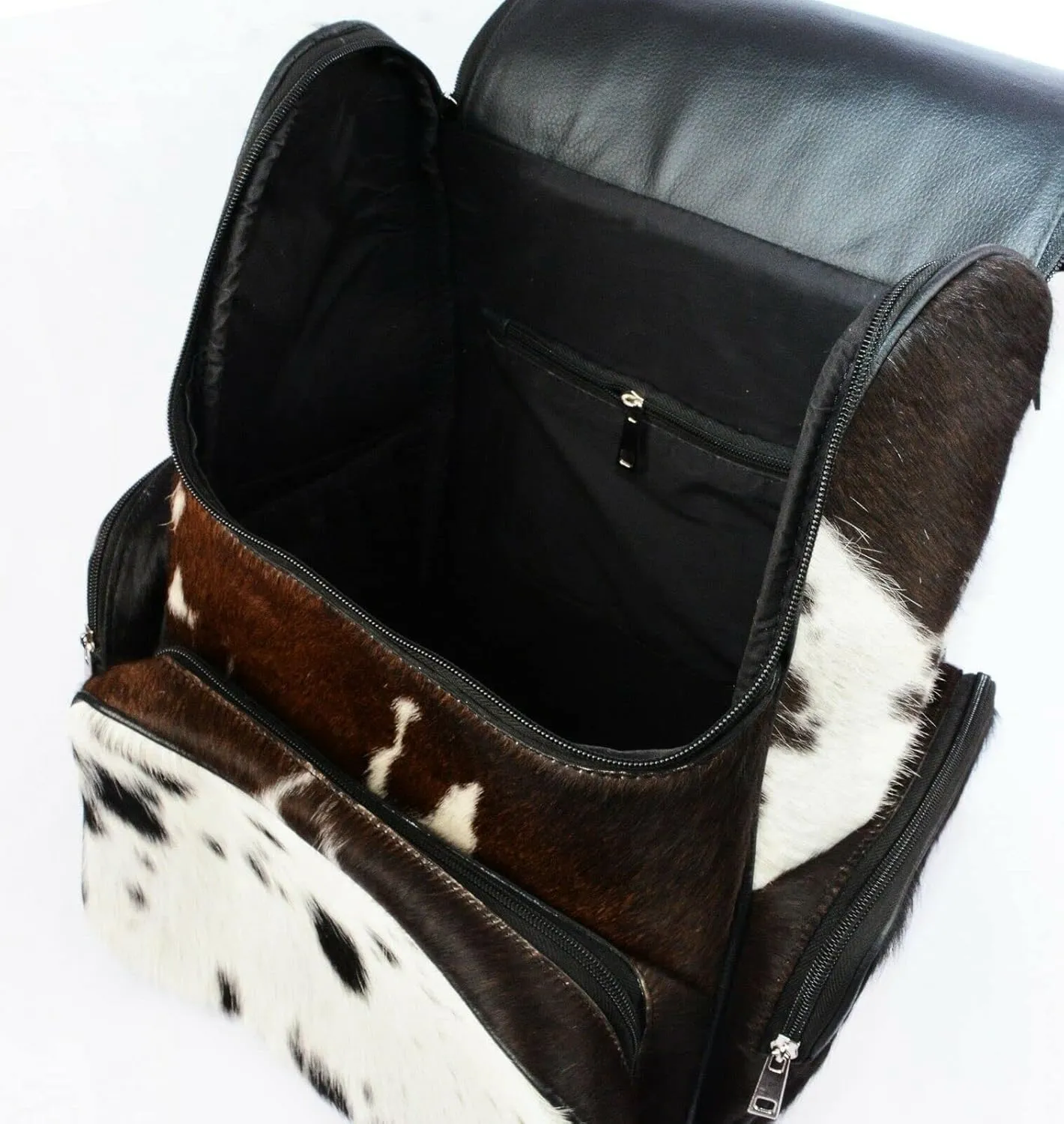 LP-FACON Cowhide Cow Skin Print Western Leather Diaper Backpack Fringe Rucksack/Knapsack Shoulder Bag Black