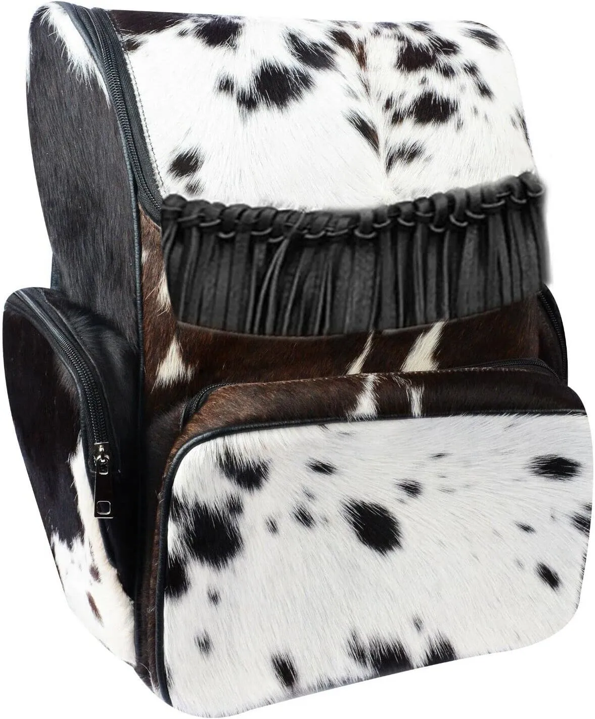 LP-FACON Cowhide Cow Skin Print Western Leather Diaper Backpack Fringe Rucksack/Knapsack Shoulder Bag Black