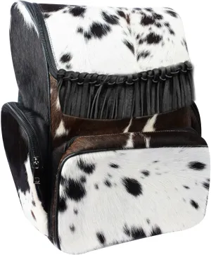 LP-FACON Cowhide Cow Skin Print Western Leather Diaper Backpack Fringe Rucksack/Knapsack Shoulder Bag Black