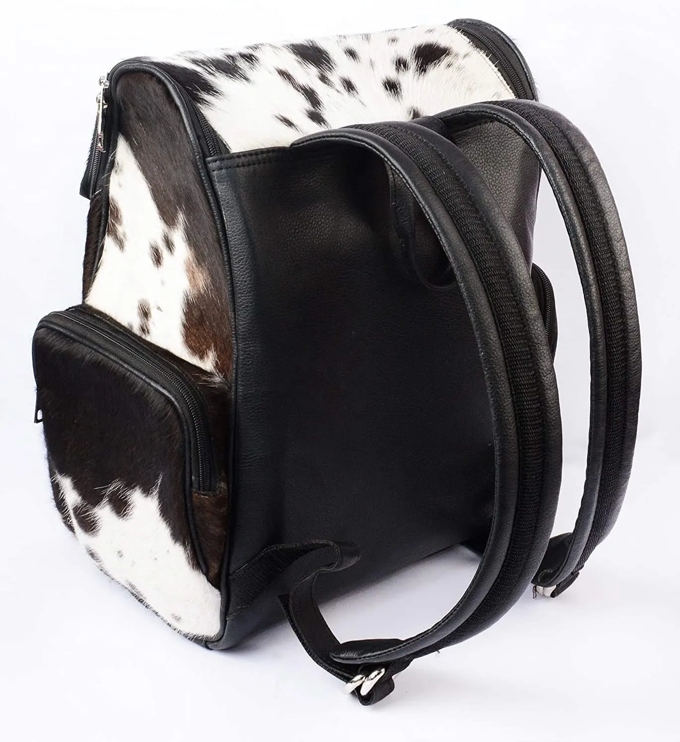 LP-FACON Cowhide Cow Skin Print Western Leather Diaper Backpack Fringe Rucksack/Knapsack Shoulder Bag Black