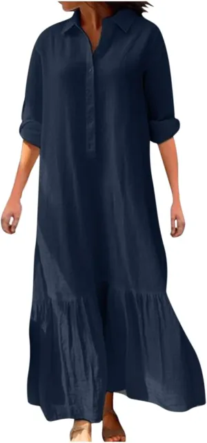 Lpmadey Women's Summer Maxi Dress Casual Plus Size V Neck Button Down Roll Up Sleeve Ruffle Hem Linen Beach Flowy Dresses