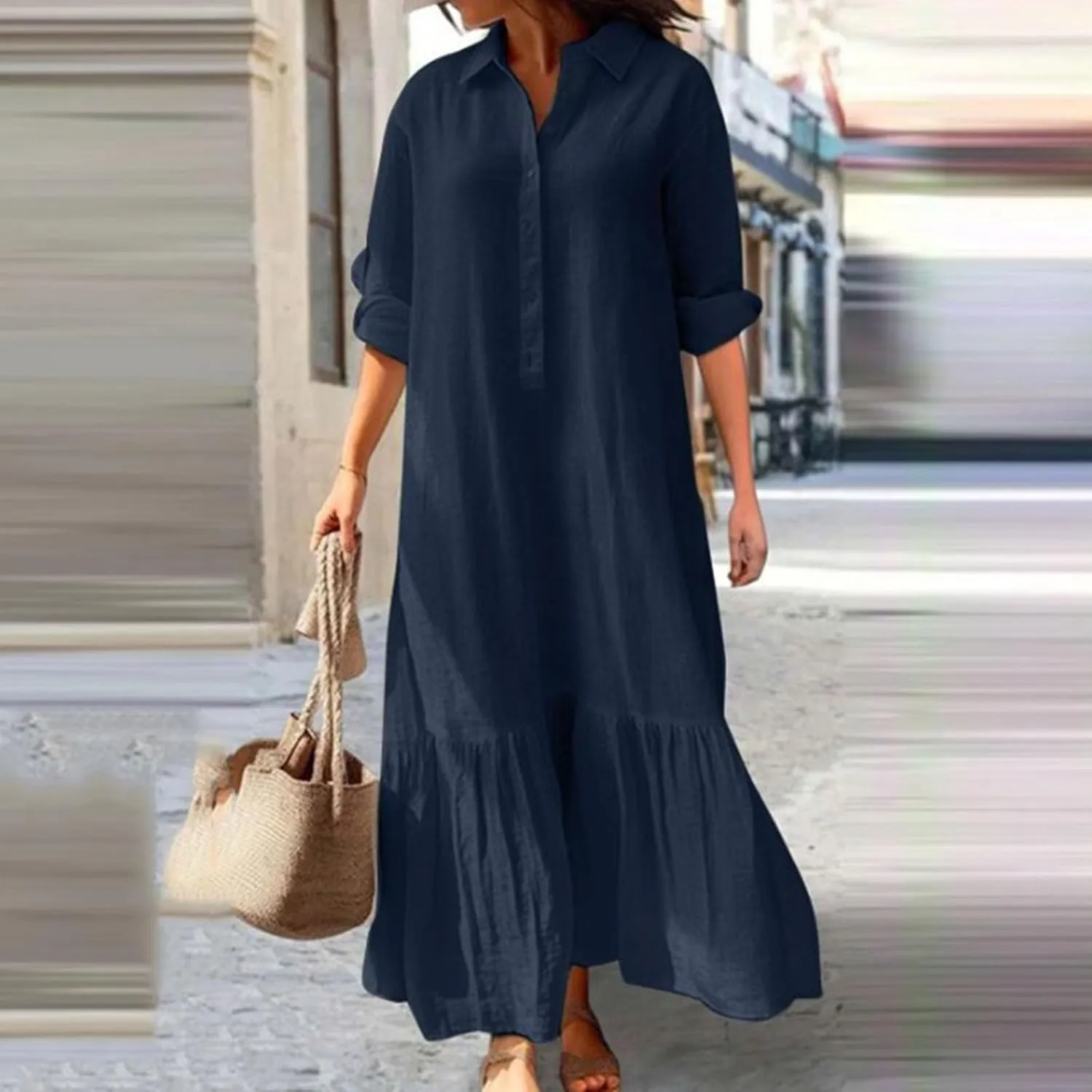 Lpmadey Women's Summer Maxi Dress Casual Plus Size V Neck Button Down Roll Up Sleeve Ruffle Hem Linen Beach Flowy Dresses