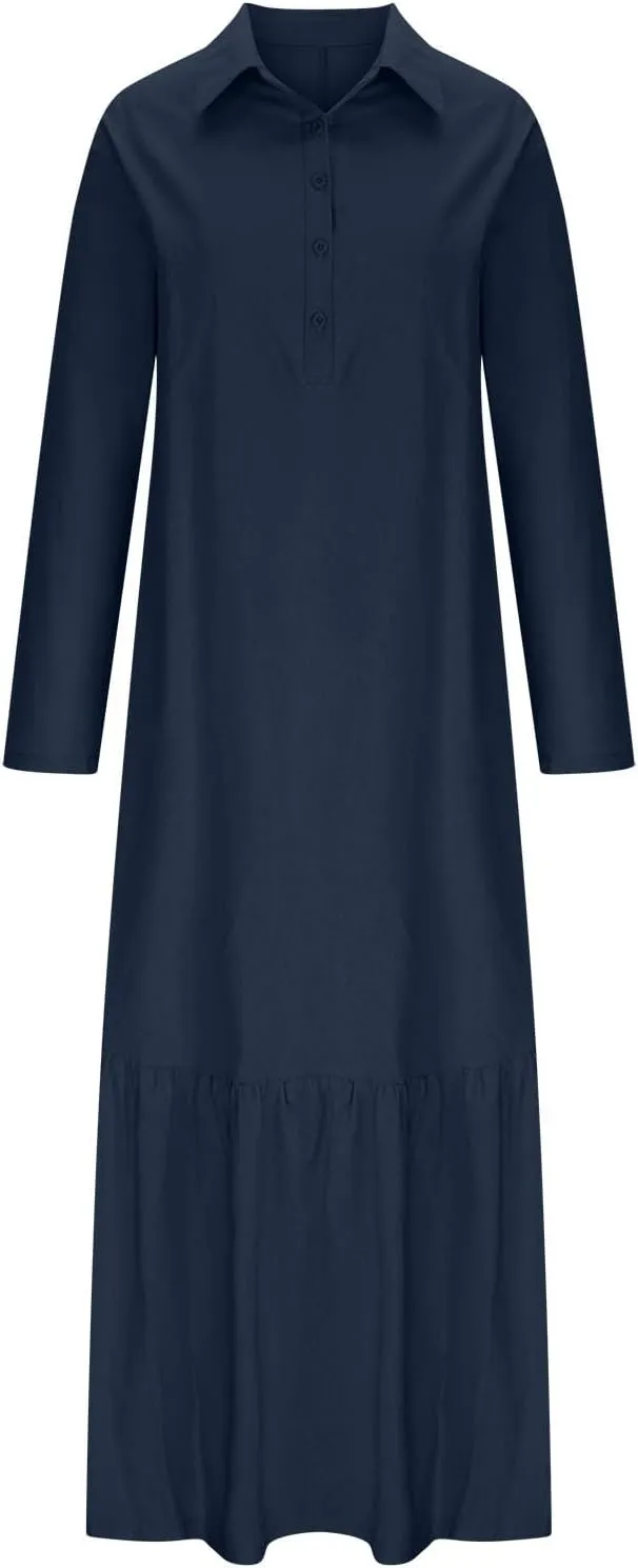 Lpmadey Women's Summer Maxi Dress Casual Plus Size V Neck Button Down Roll Up Sleeve Ruffle Hem Linen Beach Flowy Dresses