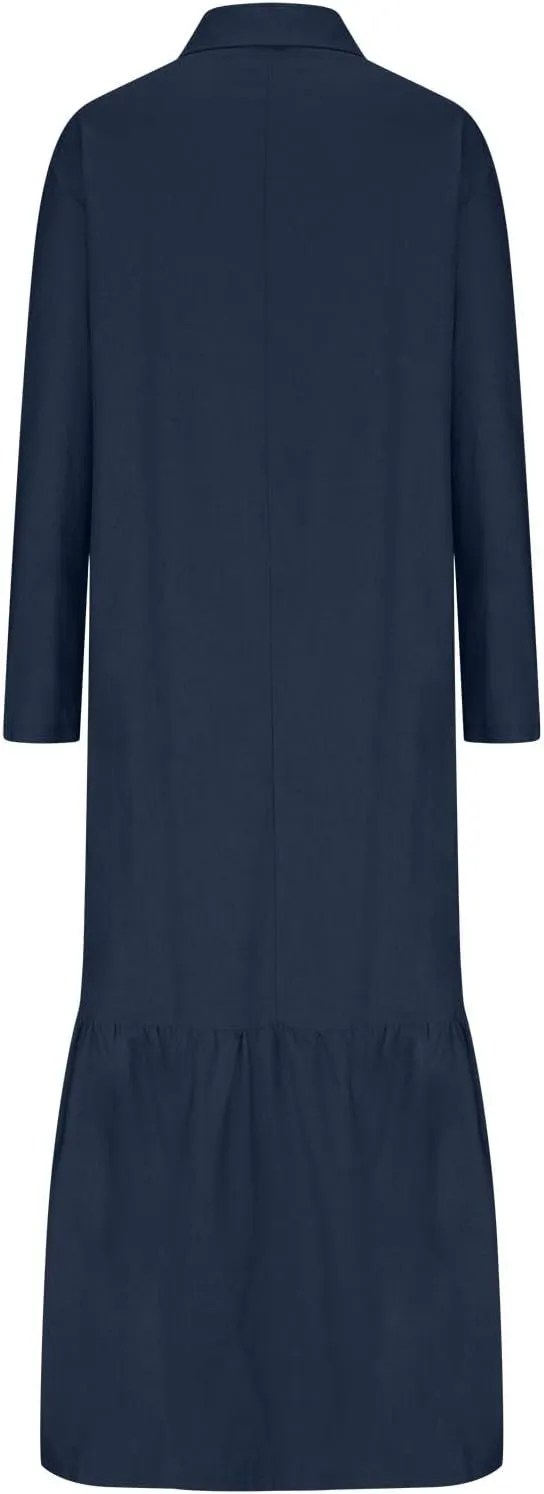 Lpmadey Women's Summer Maxi Dress Casual Plus Size V Neck Button Down Roll Up Sleeve Ruffle Hem Linen Beach Flowy Dresses