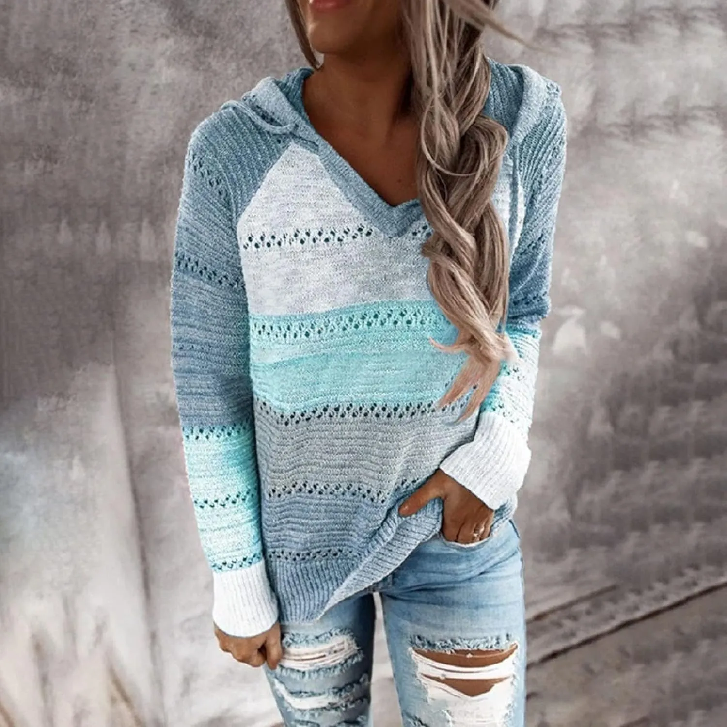 LRMQS Womens Fall Fashion 2024 Color Block Drawstring Hoodies Sweater Trendy Casual Loose Cute Knit Pullover Winter Clothes