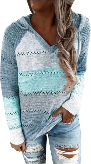 LRMQS Womens Fall Fashion 2024 Color Block Drawstring Hoodies Sweater Trendy Casual Loose Cute Knit Pullover Winter Clothes